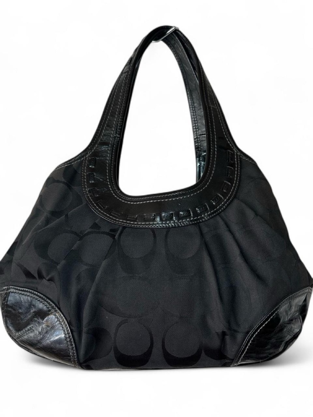 Coach Signature Canvas Ergo Kiss Lock Leather Handbag Shoulder Bag 13610 Black.